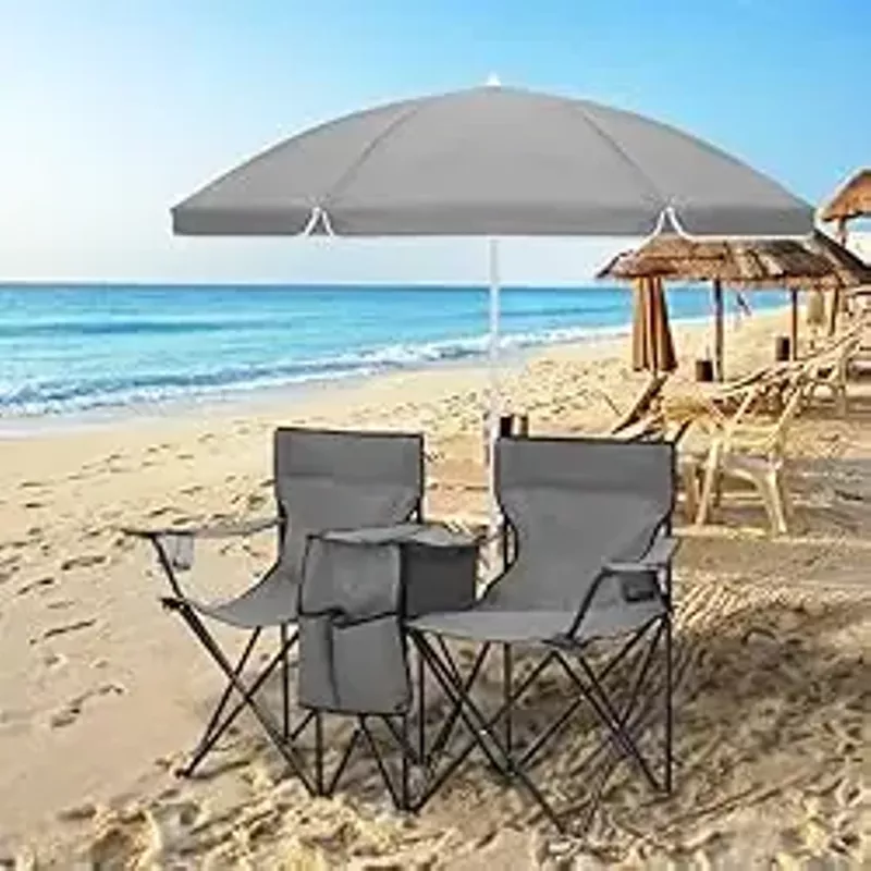 MoNiBloom Folding Double Seat Camping Chair with Removable Umbrella for Beach Outdoor Fishing Hiking Patio Portable Foldable Camp Chair for Adults, with Cup Holder Cooler Bag Carry Bag (Gray)