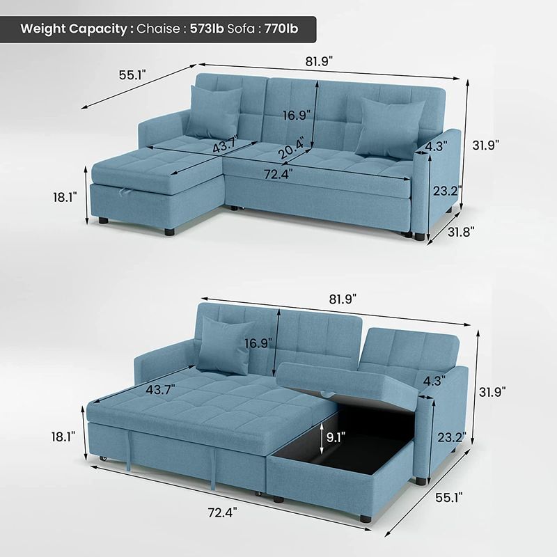 Reversible Sectional Sofa Sleeper, 82'' Wide Sectional Couch Pull-Out Sofa Bed with Storage Chaise - Grey