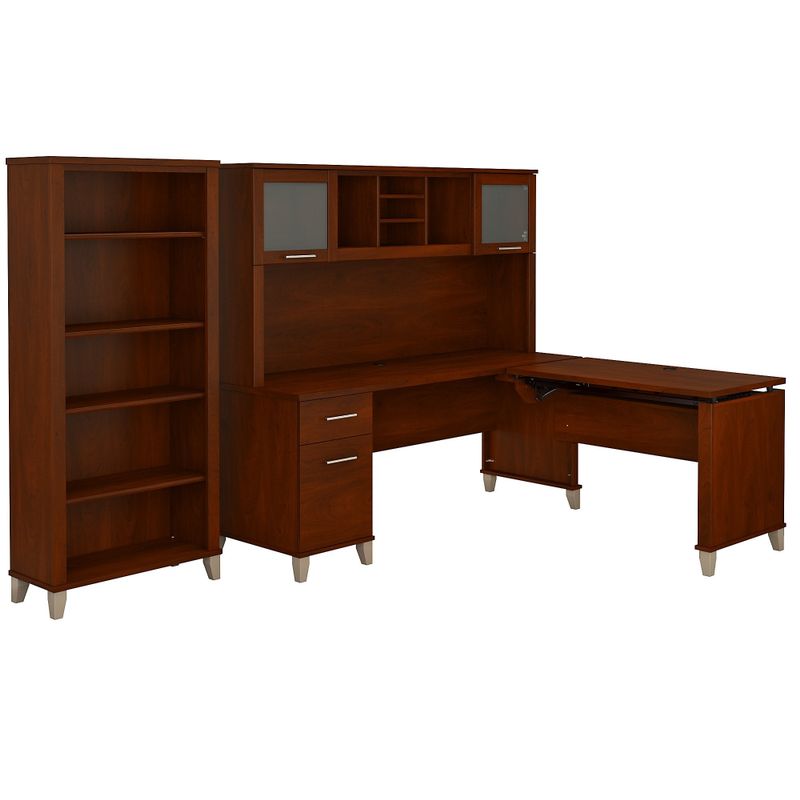 Somerset 72W Sit to Stand L-Desk with Hutch and Bookcase in Ash Gray - Maple Cross