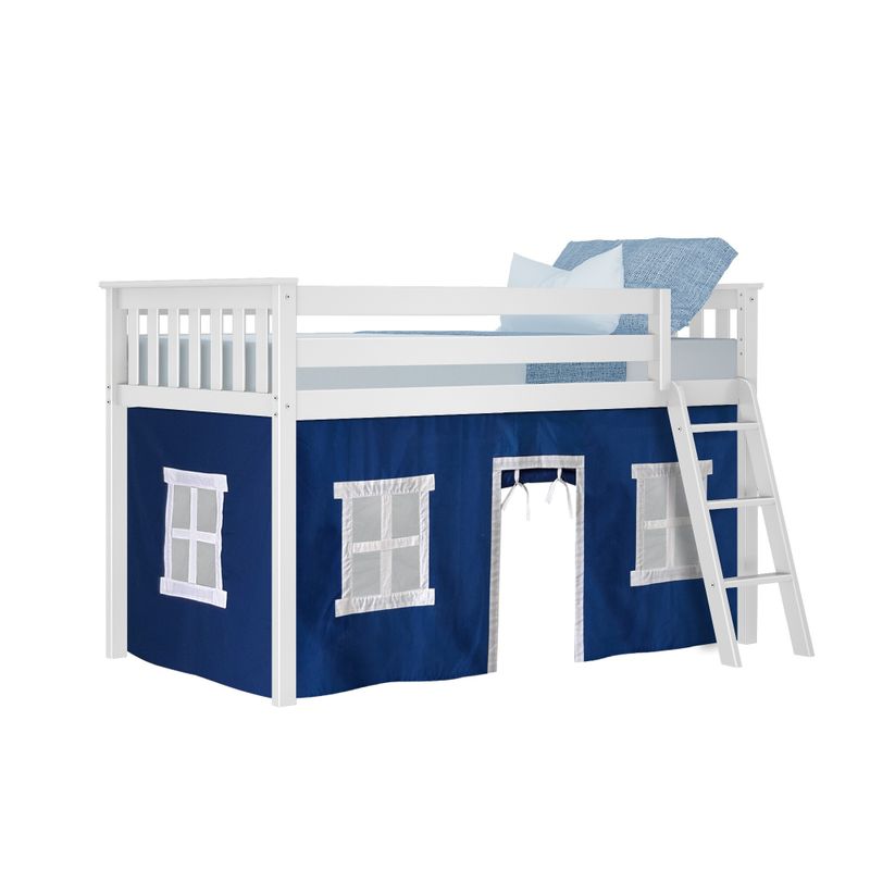 Max & Lily Twin Low Loft with Curtains - Grey with Blue & White Curtain