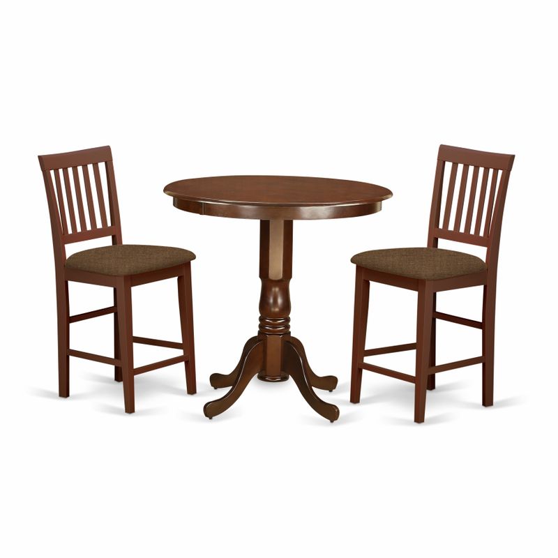 Solid Wood Mahogany Finish 3-piece Counter-height Dining Set - Pedestal Table and Kitchen Chairs (Seat's Type Options) - JAVN3-MAH-W