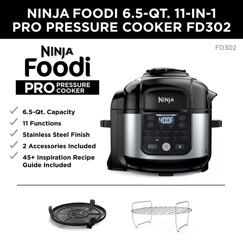 Ninja - Foodi 11-in-1 6.5-qt Pro Pressure Cooker + Air Fryer with Stainless finish, FD302 - Stainless Steel