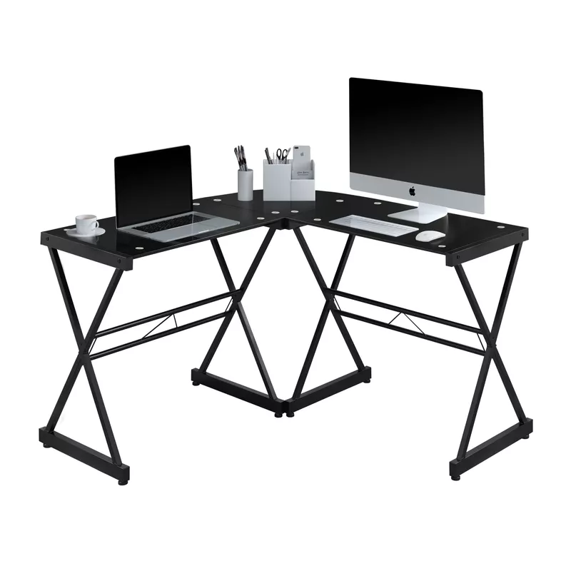L-Shaped Glass Computer Desk, Black