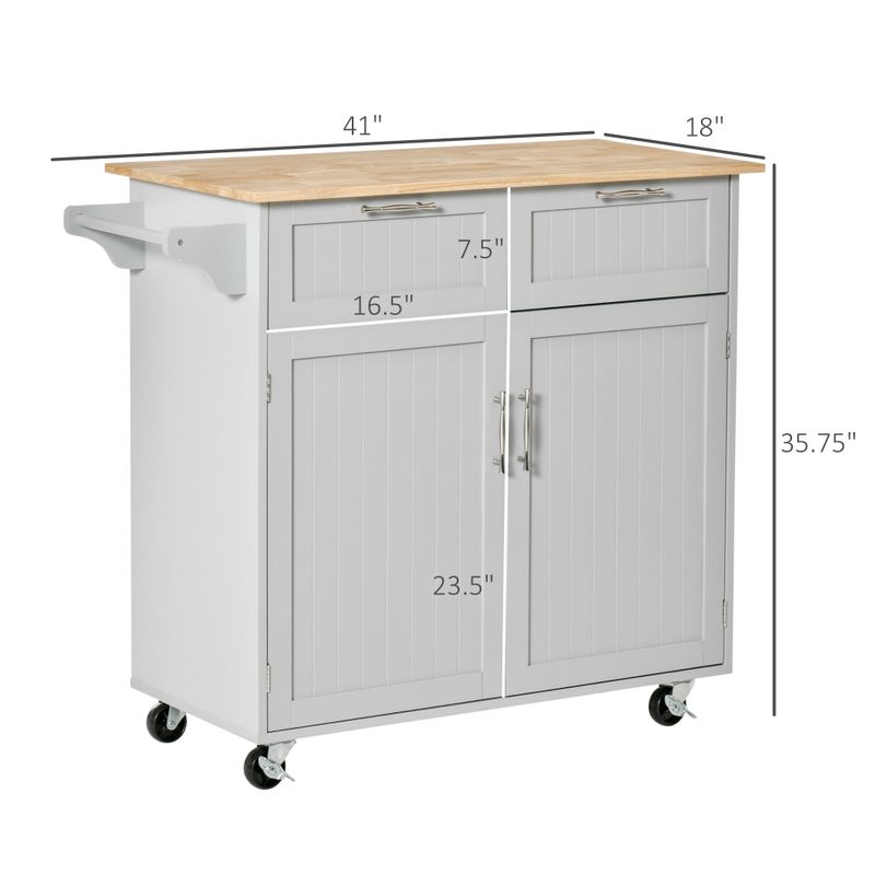 HOMCOM 41" Modern Rolling Kitchen Island, Kitchen Storage Utility Cart Trolley with Rubberwood Top, 2 Drawers, and Towel Rack - Grey