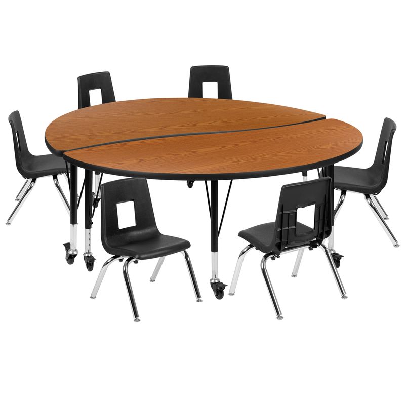 Mobile 60" Circle Wave Collaborative Laminate Activity Table Set with 14" Student Stack Chairs - Oak