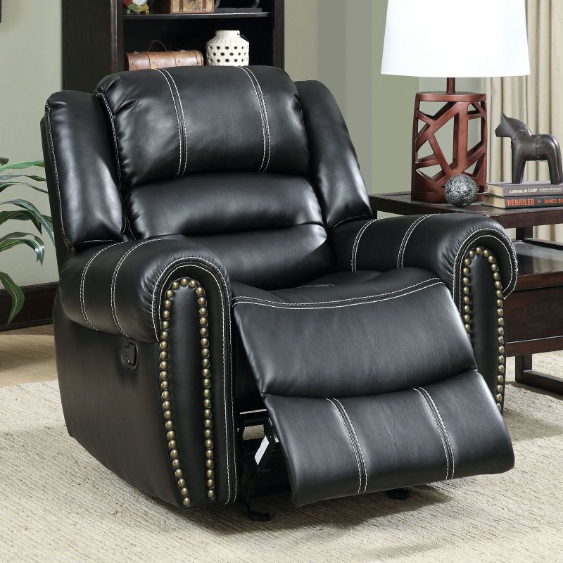 Leatherette Recliner With Nailhead Trim in Black - Black
