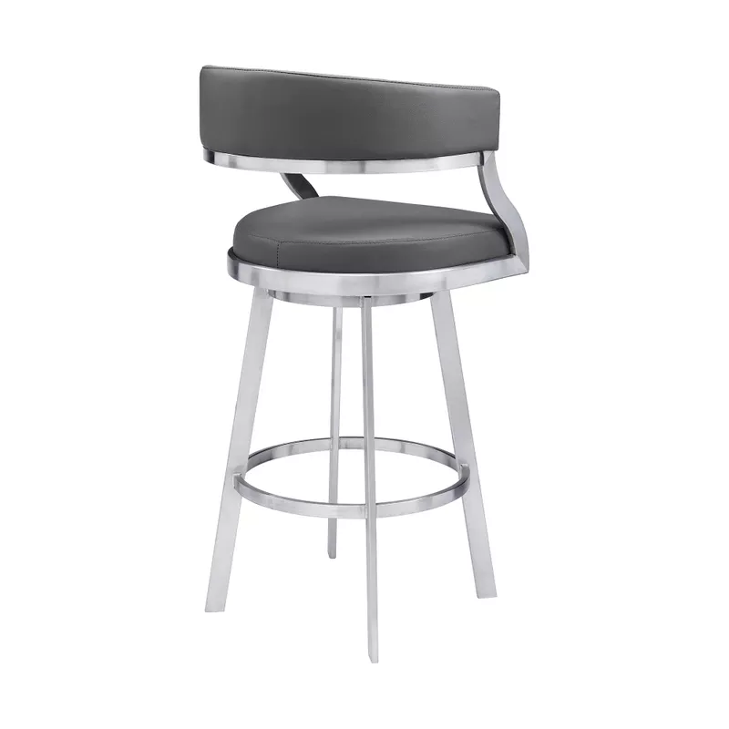 Dione 26" Counter Height Swivel Grey Faux Leather and Brushed Stainless Steel Bar Stool