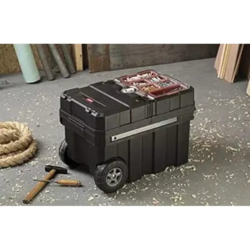 Keter - 241008 Masterloader Resin Rolling Tool Box with Locking System and Removable Bins - Perfect Organization and Storage Chest for Power Drill, Tape Measure, and Screwdriver Set, Black