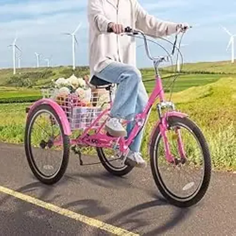 VEVOR Folding Adult Tricycle, 26-Inch Adult Folding Trikes, Carbon Steel 3 Wheel Cruiser Bike with Large Basket & Adjustable Seat, Shopping Picnic Foldable Tricycles for Women, Men, Seniors (Pink)