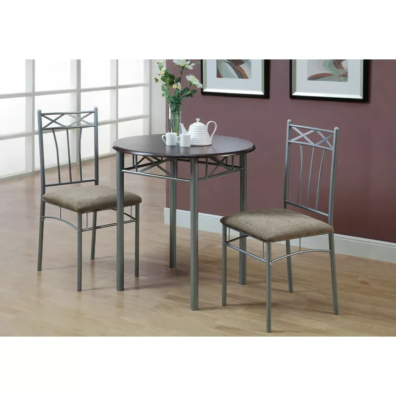 Dining Table Set/ 3pcs Set/ Small/ 30" Round/ Kitchen/ Metal/ Laminate/ Brown/ Grey/ Transitional