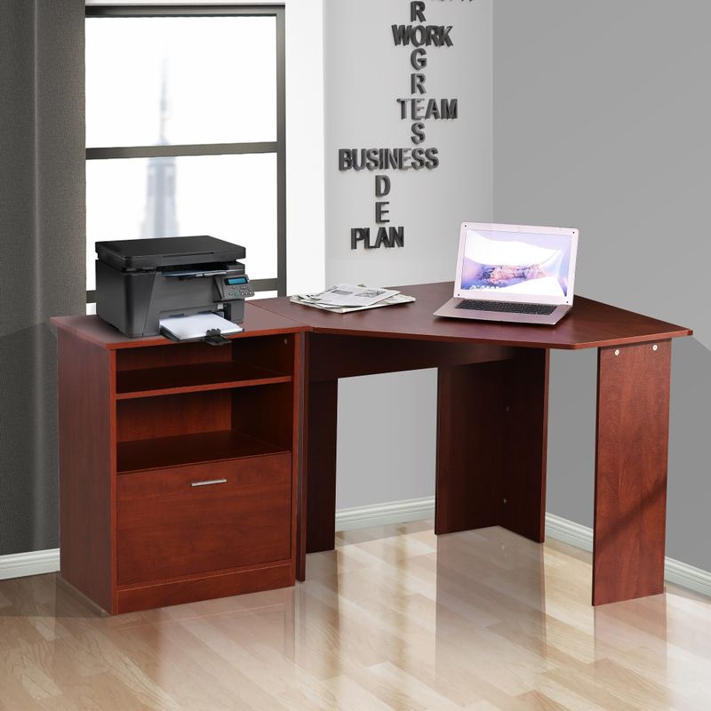 HOMCOM Computer Desk with Printer Cabinet, L-Shaped Corner Desk with Storage, Study PC Workstation for Home Office - Cherry