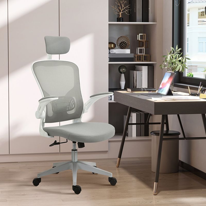 Vinsetto High Back Mesh Chair, Home Office Task Computer Chair with Adjustable Height, Lumbar Back Support, Headrest, and Arms - Grey