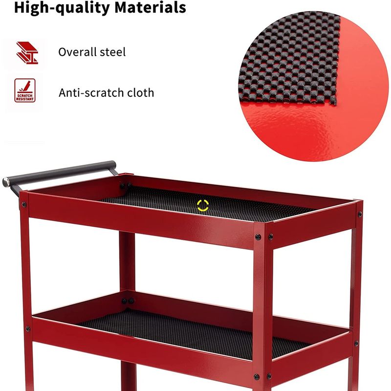 Mcombo 3 Tiers Metal Tool Cart for Garage, Utility Heavy Duty Cart with Anti-Scratched Cloth, Lockable Wheels, TC77 - Red