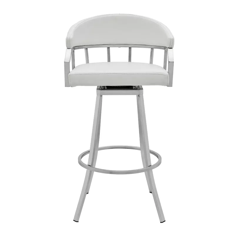 Valerie 30" Bar Height Swivel Modern White Faux Leather Bar and Counter Stool in Brushed Stainless Steel Finish