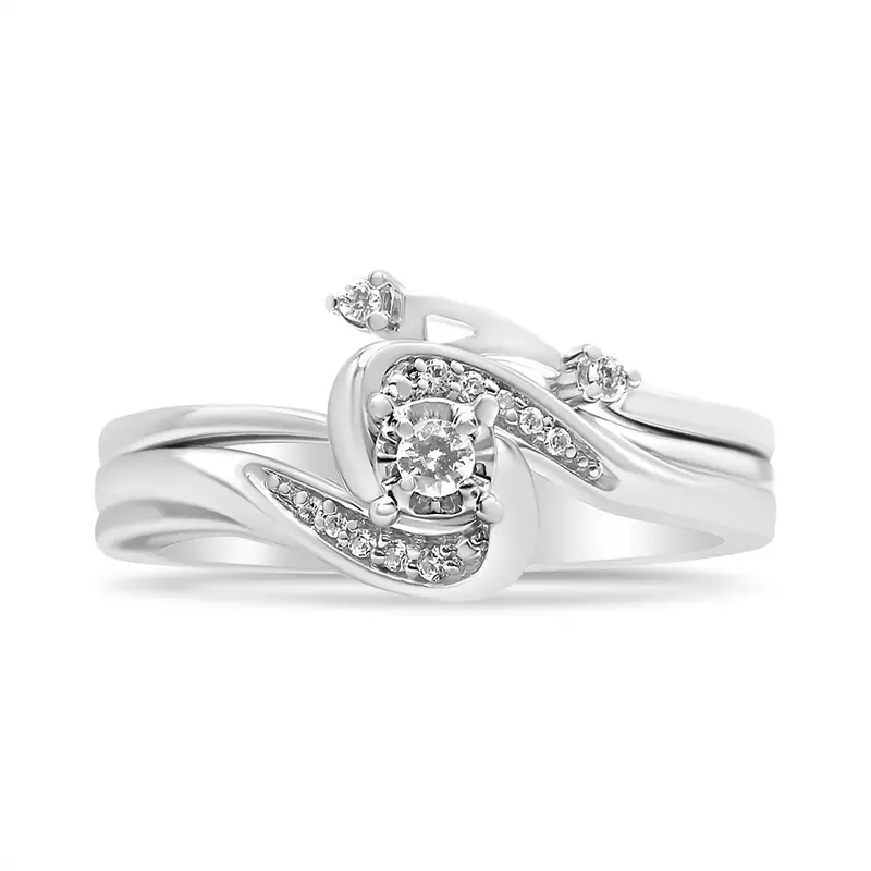 .925 Sterling Silver 1/10 Cttw Diamond Swirl and Bypass Bridal Set Ring and Band (I-J Color, I3 Clarity) - Size 5