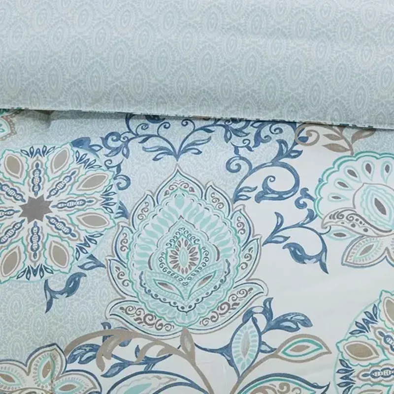 Blue Isla 8 Piece Cotton Floral Printed Reversible Comforter Set Queen