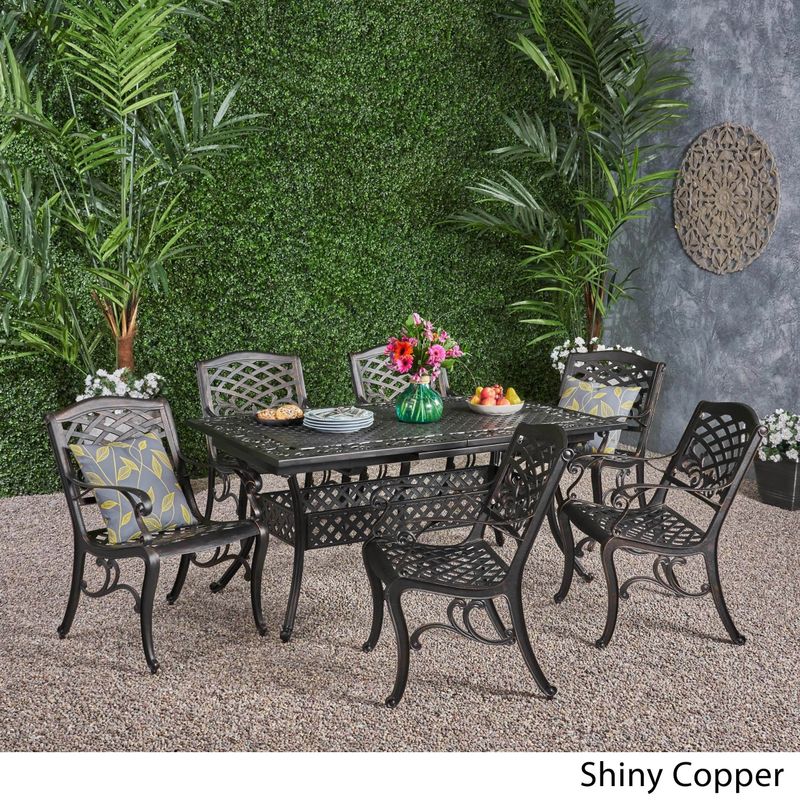 Phoenix Outdoor 6-Seater Cast Aluminum Dining Set with Expandable Table by Christopher Knight Home - shiny copper