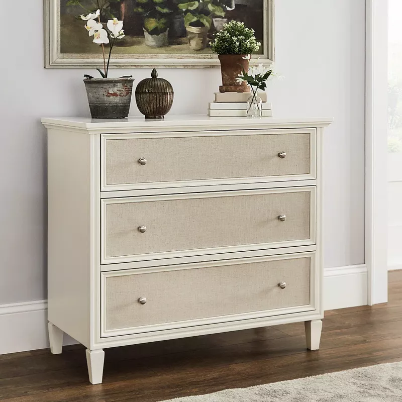 Thea White Finish Beige Linen Drawer Face Dresser by iNSPIRE Q Classic - 3-drawer