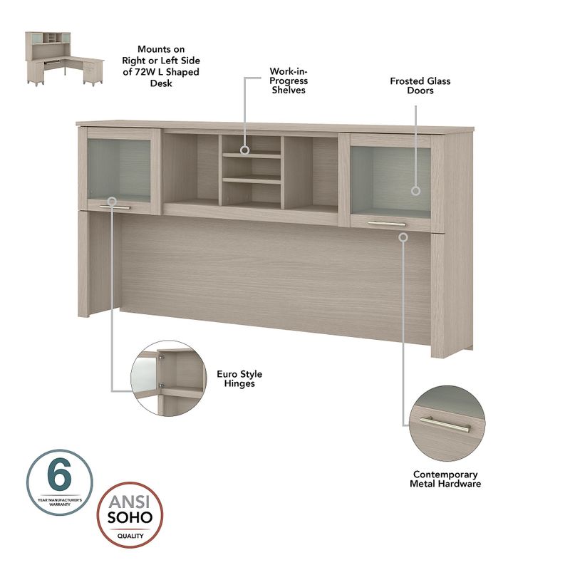 Somerset 72W Sit to Stand L-Desk with Hutch and Bookcase in Ash Gray - Maple Cross