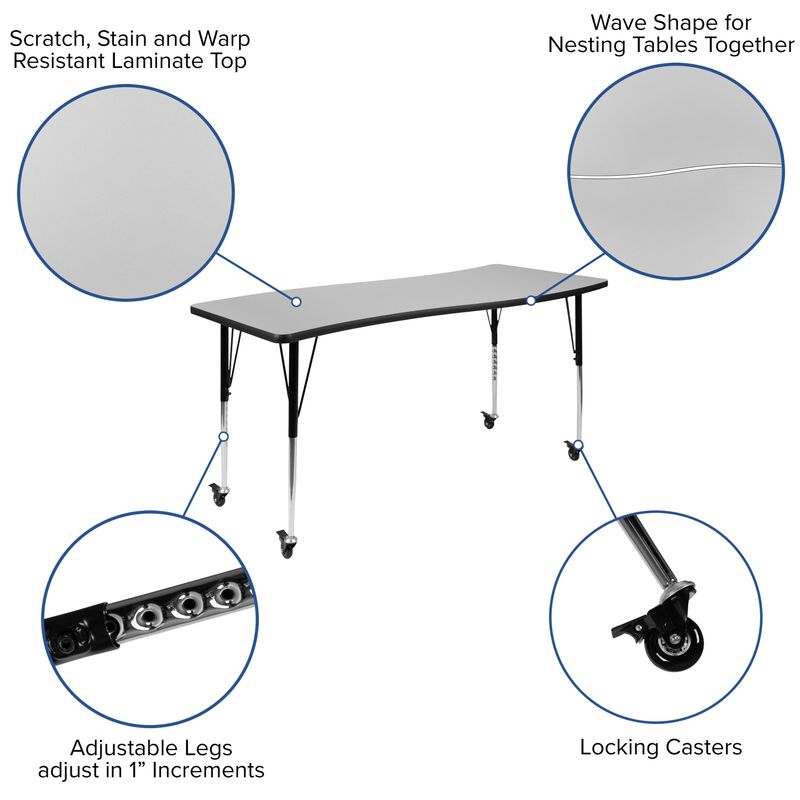 Mobile 26"W x 60"L Rectangular Wave Collaborative Grey Adjustable Activity Table - Oak