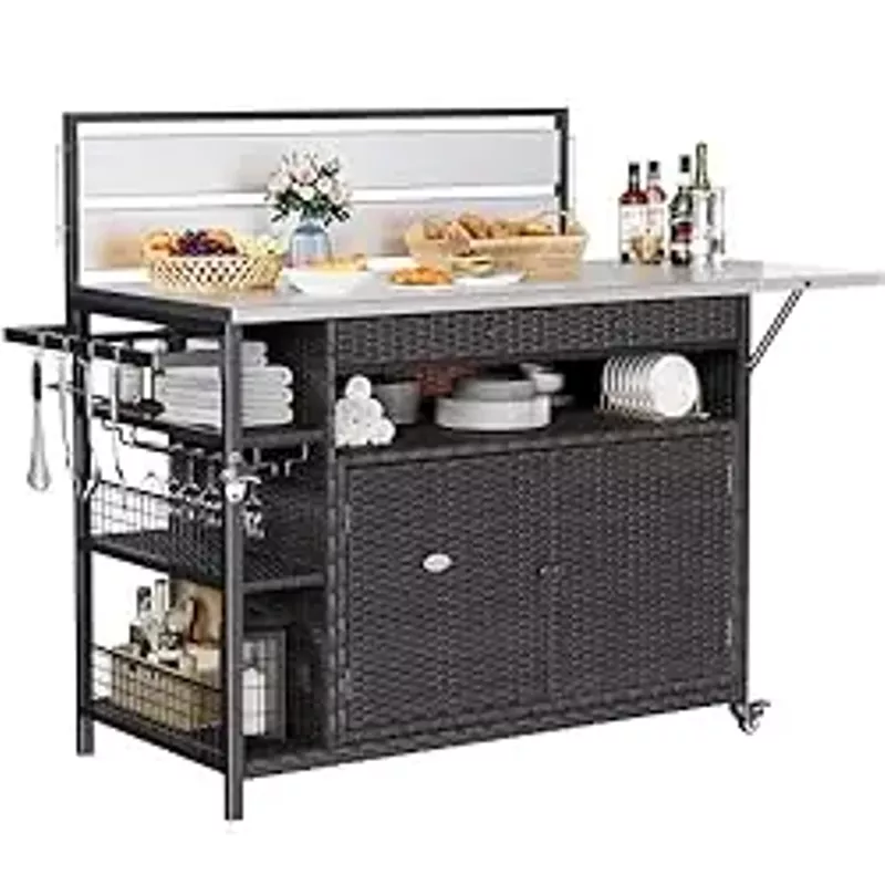 YITAHOME XL Outdoor Kitchen Wicker Island Rolling Cart & Storage Cabinet, Wheels and Stainless Steel Extended Table Top, Side handle for Patio Kitchen or Bar Cart, Dark Brown