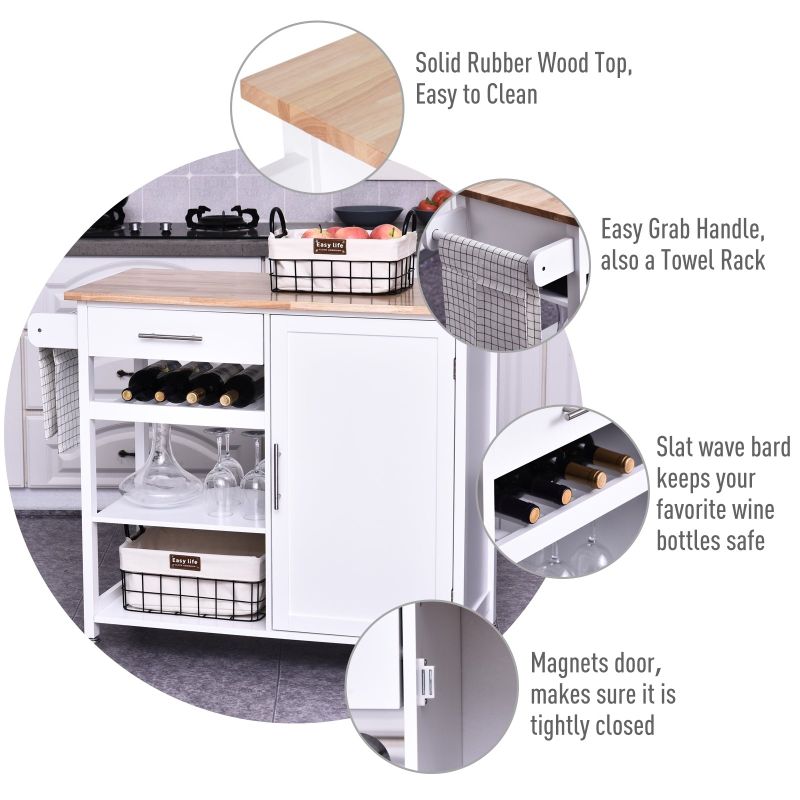 HOMCOM Rolling Kitchen Island Cart with Large Countertop, Display Wine Rack, Large Storage Cabinet, and Towel Bar - Portable - White -...