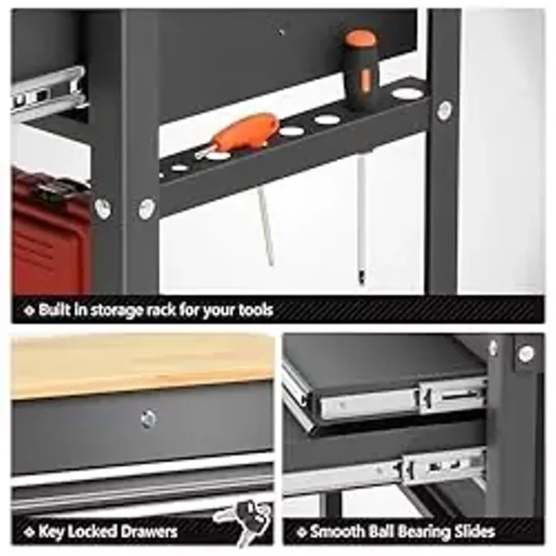 DNA MOTORING 3-Drawers Wood Top Utility Rolling Tool Chest Cabinet with Wheels, Heavy Duty Industrial Service Cart Keyed Locking System, for Garage Warehouse Workshop, Black, TOOLS-00403