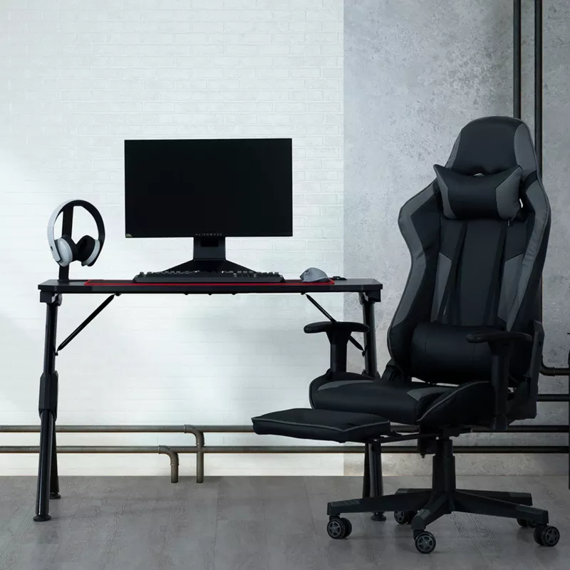 Finn PU Leather Ergonomic Massage Height Adjustable Office Gaming Chair in Black/Grey w/ Footrest