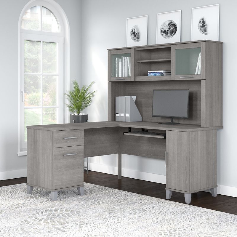 Somerset 60W L Shaped Desk with Hutch - Sand Oak