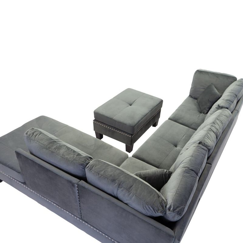 L-Shape Sectional Sofa w/Ottoman and nailhead trim accent - Dark Grey