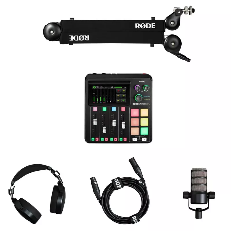 Rode RODECaster Duo Integrated Audio Production Studio, Bundle with PodMic Microphone, NTH-100 Headphones, PSA1+ Boom Arm and Cable