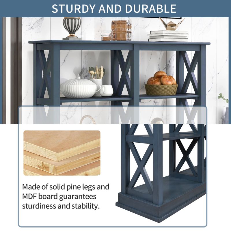 Console Table with 3-Tier Open Storage Spaces and "X" Legs(Navy Blue) - Blue