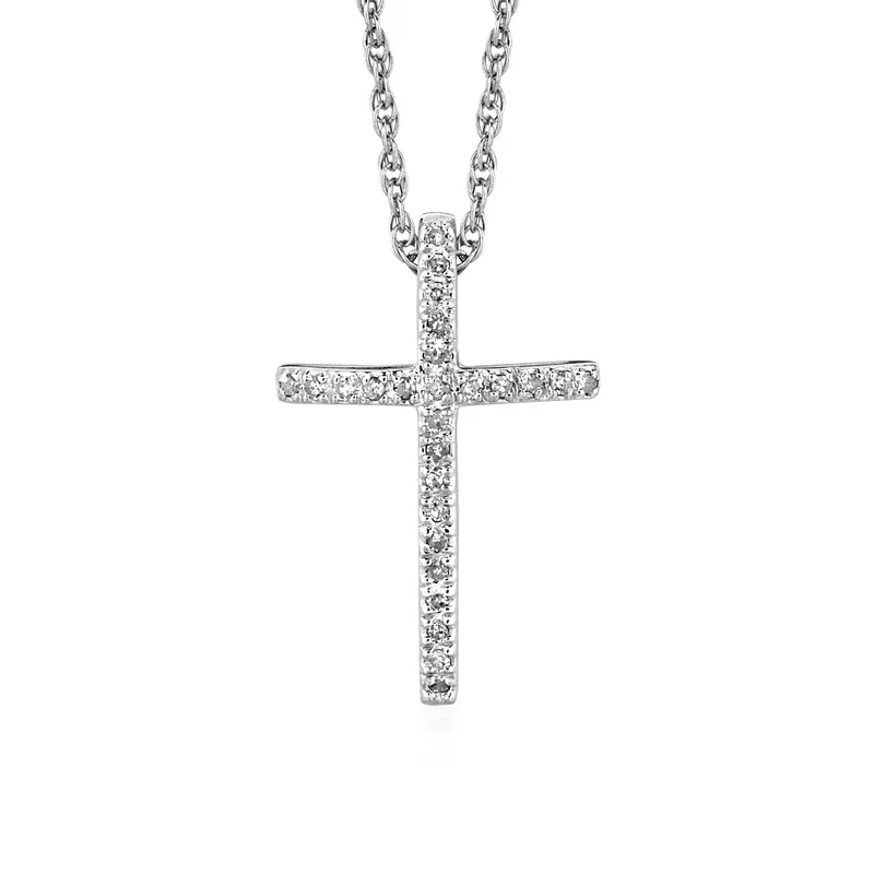 Narrow Cross Pendant with Diamonds in Sterling Silver (18 Inch)