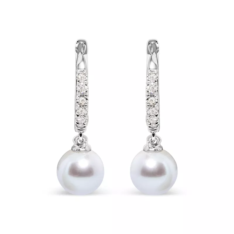 10K White Gold 6x6 MM Cultured Freshwater Pearl and Diamond Accent Drop Huggy Earring (H-I Color, I1-I2 Clarity)