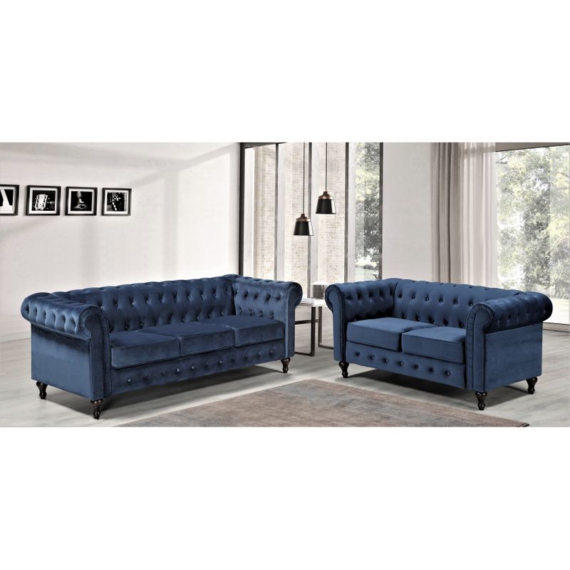 Brooks Classic Chesterfield 2-Piece Living Room Set-Loveseat & Sofa - Dark Blue