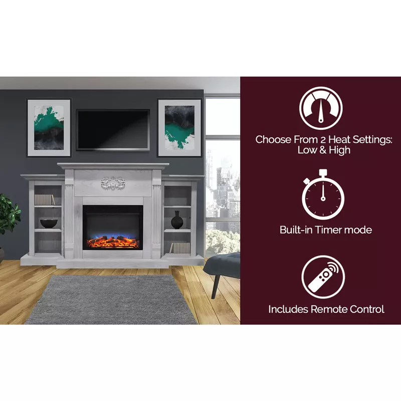 Sanoma 72-In. Electric Fireplace in White with Built-in Bookshelves and a Multi-Color LED Flame Display