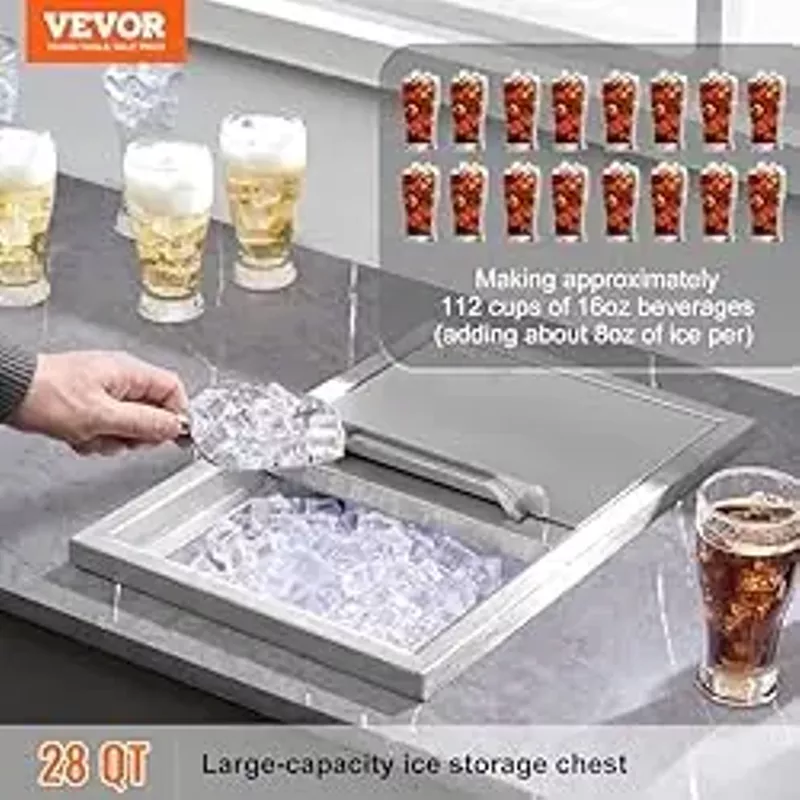 VEVOR Drop in Ice Chest, Stainless Steel Ice Cooler, Commercial Ice Bin with Hinged Cover, Outdoor Kitchen Ice Bar, for Cold Wine Beer