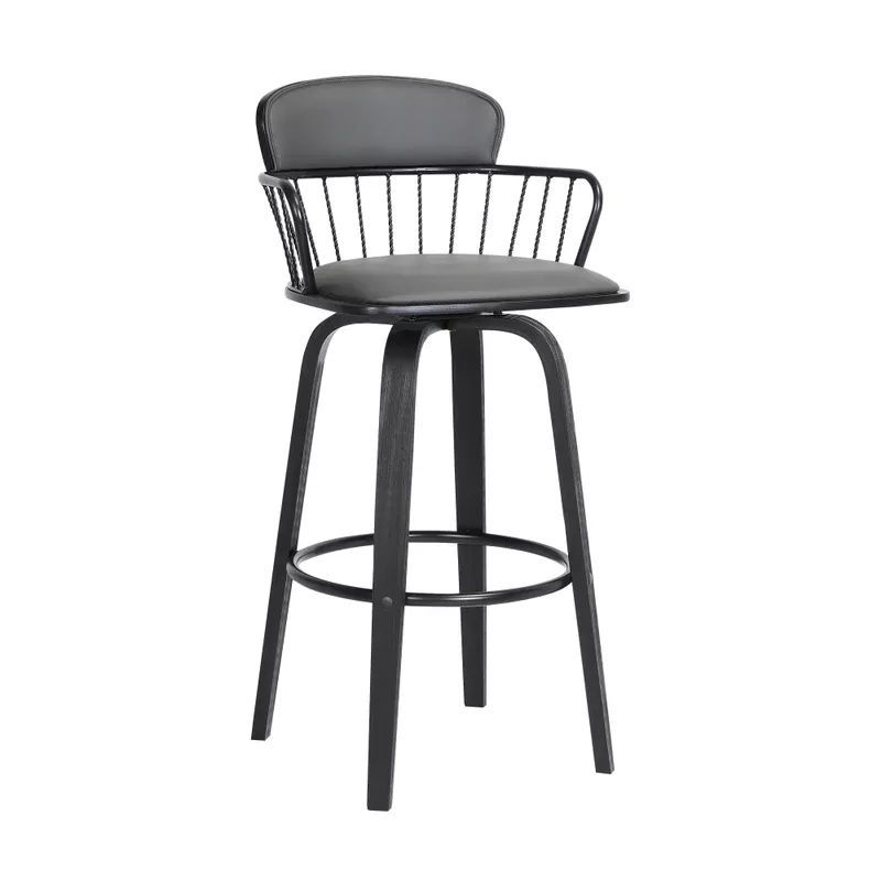 Willow 25.5" Swivel Black Wood Counter Stool in Grey Faux Leather with Black Metal