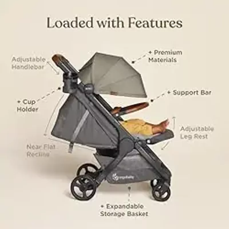 Ergobaby Metro+ Deluxe Compact Baby Stroller, Lightweight Umbrella Stroller Folds Down for Overhead Airplane Storage (Carries up to 50 lbs), Car Seat Compatible, Empire State Green