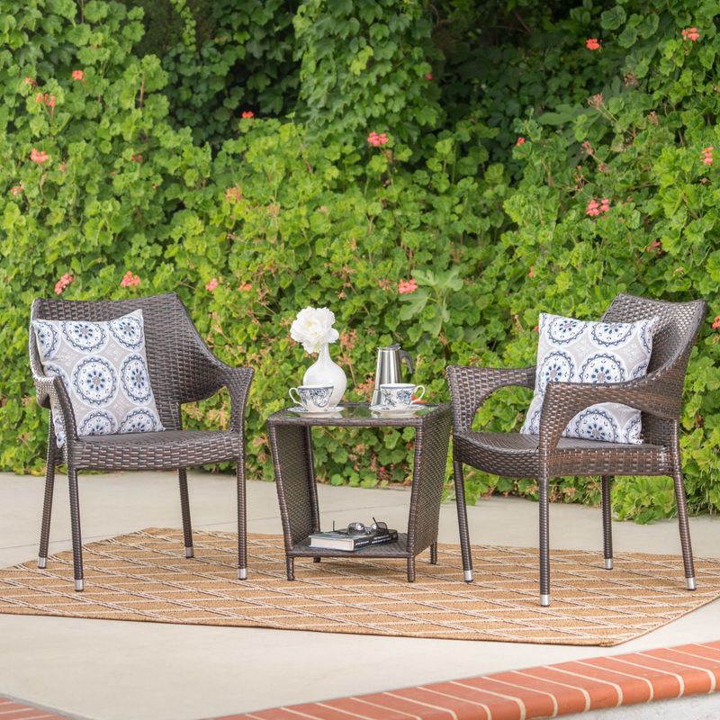 Jenning Outdoor 3-Piece Wicker Stacking Chair Chat Set by Christopher Knight Home - Multibrown