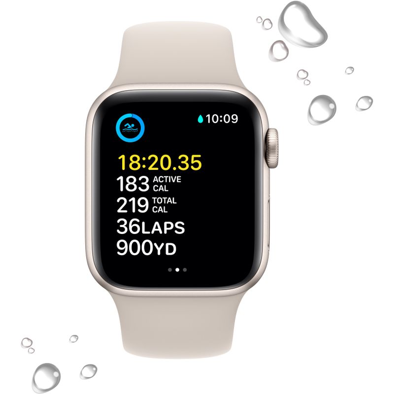 Back Zoom. Apple Watch SE 2nd Generation (GPS + Cellular) 40mm Aluminum Case with Starlight Sport Band - S/M - Starlight