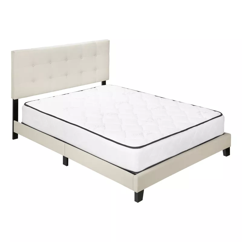 Bed/ Queen Size/ Platform/ Bedroom/ Frame/ Upholstered/ Linen Look/ Wood Legs/ Beige/ Black/ Transitional