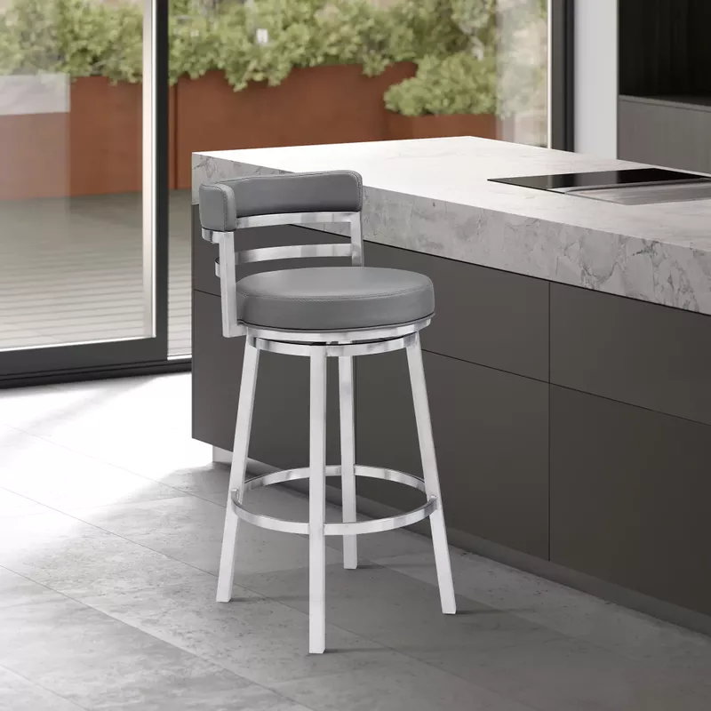 Titana 30" Bar Height Swivel Grey Faux Leather and Brushed Stainless Steel Bar Stool