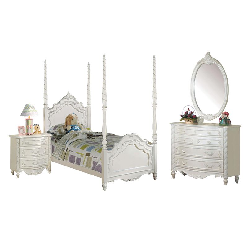 Acme Furniture Pearl 4-Piece Poster Bedroom Set in Pearl White - 4-Piece Twin Set