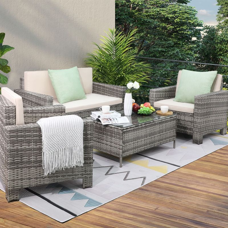 Homall 4 Pieces Outdoor Patio Furniture Sets Rattan Chair - Brown/Blue