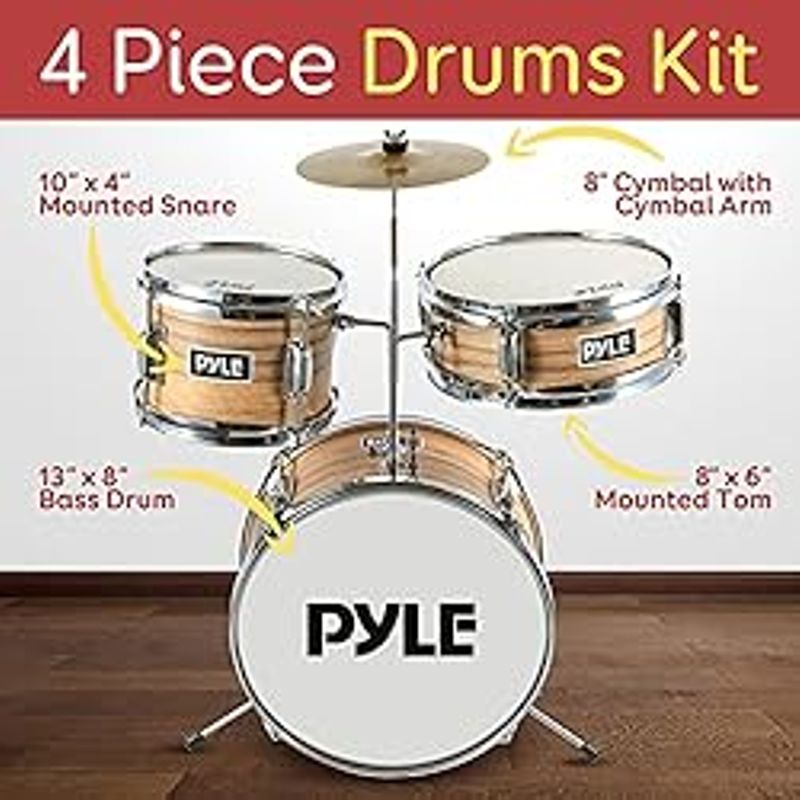 Dana Trading Pyle 13'' 3-Piece Kids/Junior Metallic Striped Yellow Matt Set with Throne, Cymbal, Pedal, Bass Drum, Tom and Drumsticks...