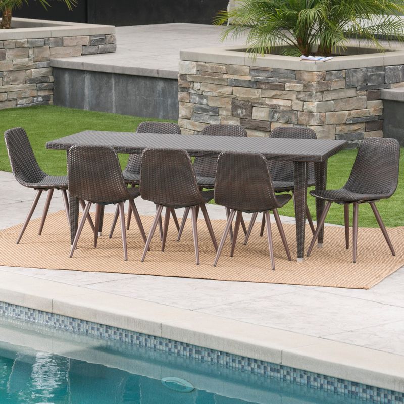 Luke Outdoor 9-Piece Rectangle Wicker Dining Set by Christopher Knight Home - Multibrown + Dark Brown