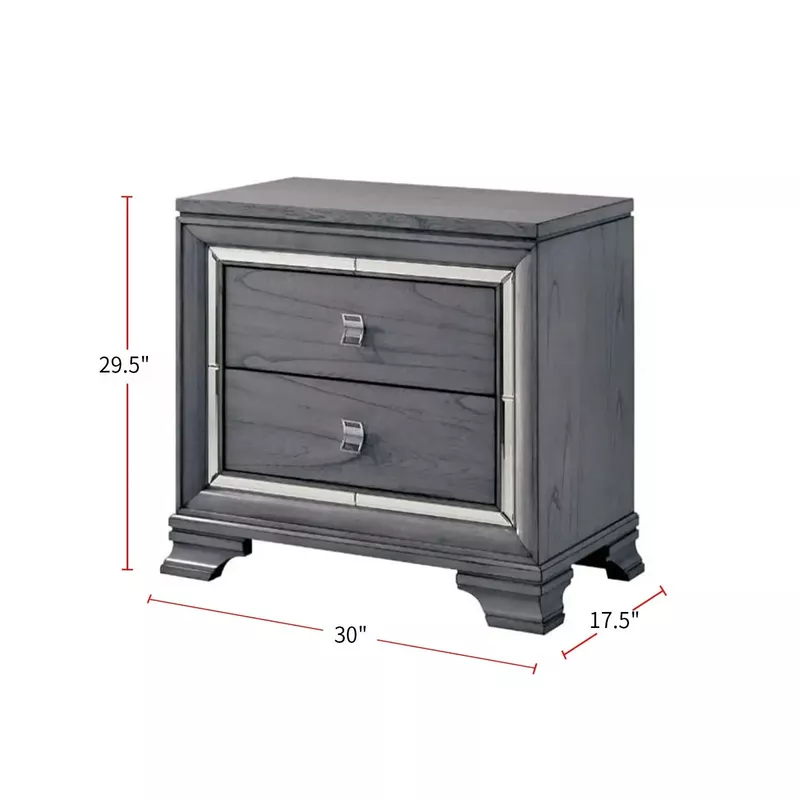 2 Drawers Wooden Night stand with Mirror Inserts Design in Light Gray - Light Gray