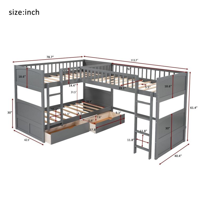 Twin size bunk bed with a loft bed attached, with two drawers - Grey
