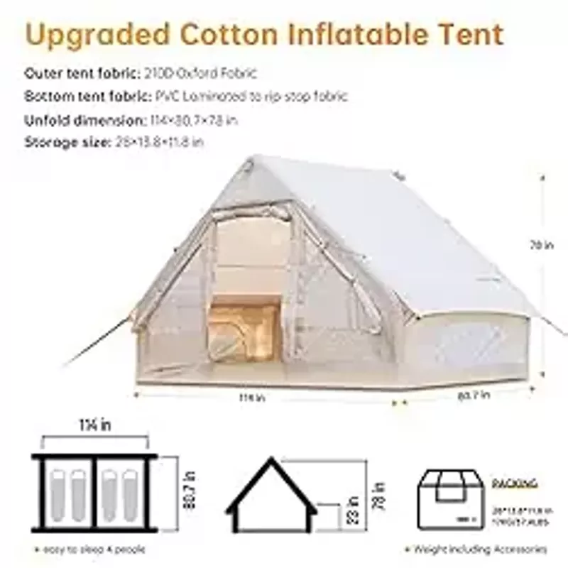 Inflatable Camping Tent with Pump, Glamping Tents, Easy Setup 4 Season Waterproof Windproof Outdoor Blow Up Tent, Luxury Cabin Tent with Mesh Windows & Doors